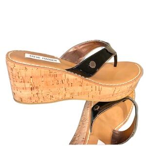 STEVE MADDEN Glazze style black patent wedge cork sandals women’s size 9.5